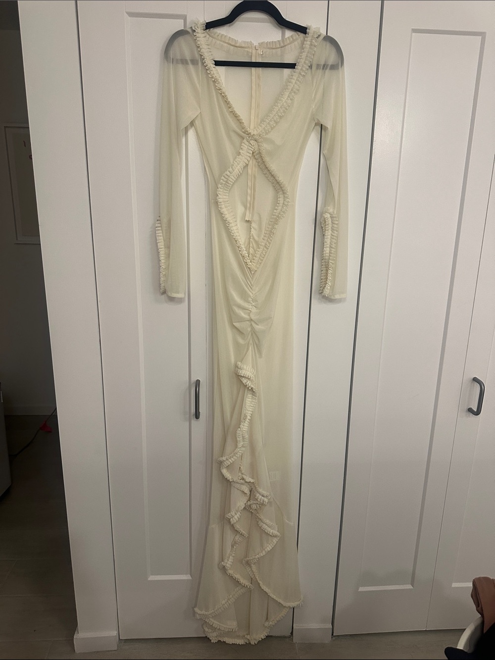 Ivory Ruffle-Trim Long Mesh Maxi Dress